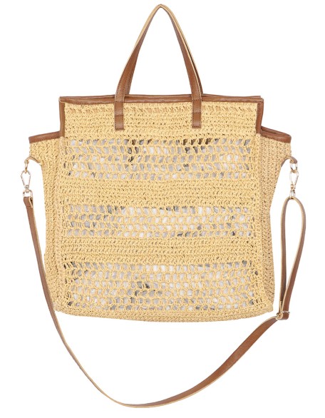 Paper Raffia Tote Bag with Leather Handle