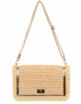 Fringed Woven Crossbody Flap Bag