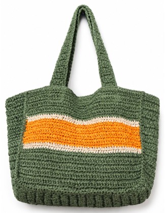 Green Crochet Tote Bag with Stripe