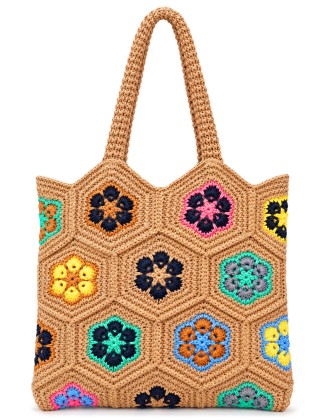Crochet Raffia Tote Bag with Colorful Floral Motifs