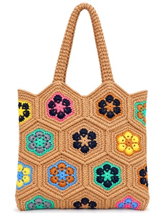 Crochet Raffia Tote Bag with Colorful Floral Motifs