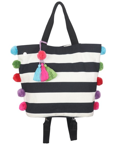 Striped Back Pack with Pom Pom