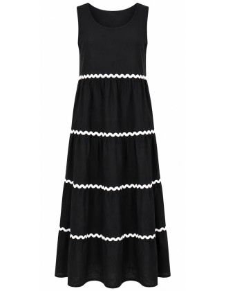Black Tiered Cotton Maxi Dress with Ric-Rac Lace