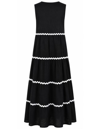 Black Tiered Cotton Maxi Dress with Ric-Rac Lace