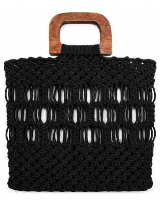 Black Woven Tote Bag with Wooden Handle