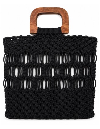 Black Woven Tote Bag with Wooden Handle
