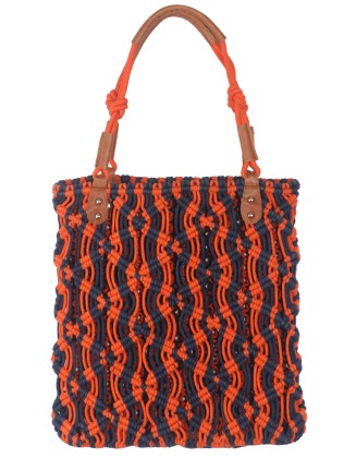 Orange & Navy Blue Tote Bag with Leather Handles