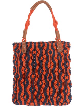 Orange & Navy Blue Tote Bag with Leather Handles