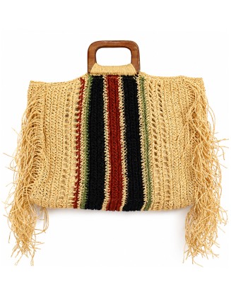 Raffia Tote Bag with Wooden Handle & Fringe Details