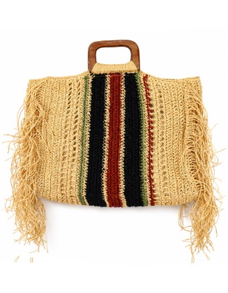 Raffia Tote Bag with Wooden Handle & Fringe Details