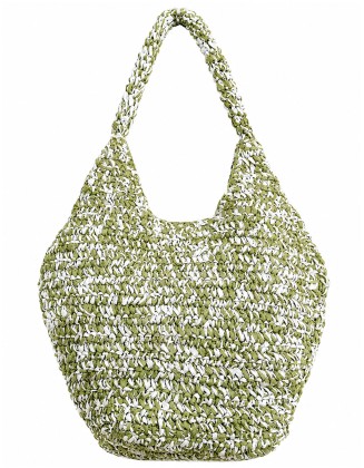 Green & White Raffia Woven Tote Bag