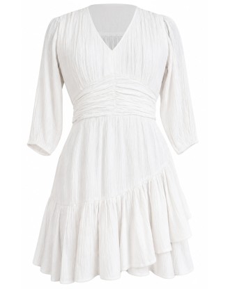 White Ruched V-Neck Ruffle Dress