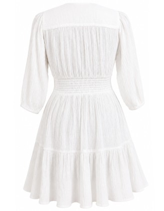 White Ruched V-Neck Ruffle Dress