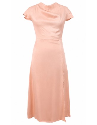 Women's Peach Satin Cowl Neck Short Sleeve Midi Dress