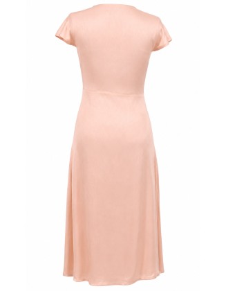 Women's Peach Satin Cowl Neck Short Sleeve Midi Dress