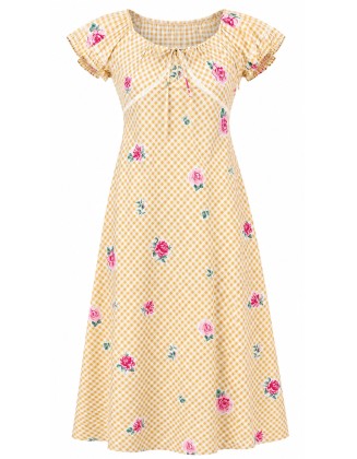 Gingham Floral Print Smocked Midi Dress
