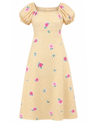 Gingham Floral Print Smocked Midi Dress