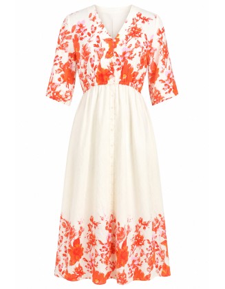 Ivory Floral Print Midi Dress