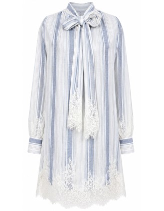 Blue Stripe Lace Tie Neck Dress