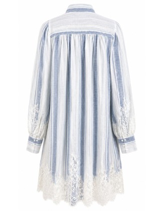 Blue Stripe Lace Tie Neck Dress