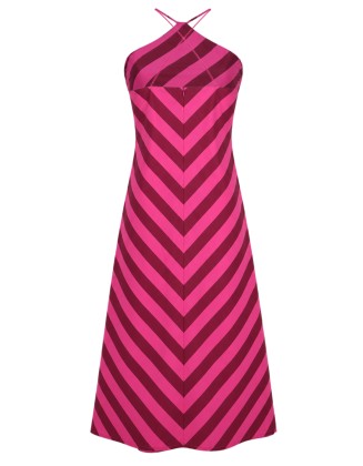 Pink & Burgundy Striped Halter Maxi Dress