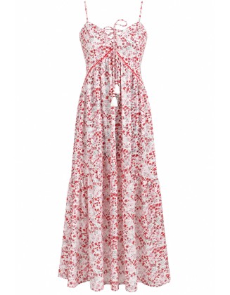White & Red Floral Print Strappy Maxi Dress 