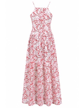 White & Red Floral Print Strappy Maxi Dress 
