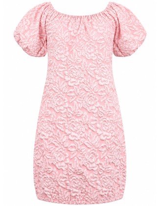 Pink Floral Textured Puff Sleeve Mini Dress