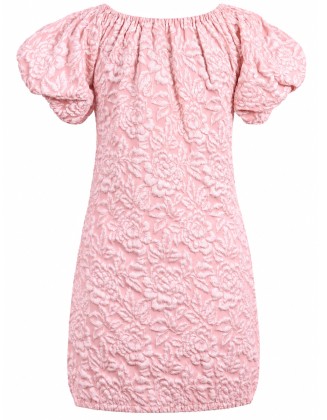 Pink Floral Textured Puff Sleeve Mini Dress