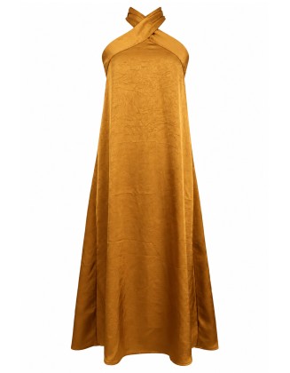 Mustard Gold Textured Halter Neck Maxi Dress