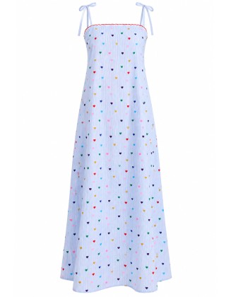 Light Blue Heart-Print Tie-Strap Maxi Dress