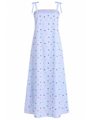 Light Blue Heart-Print Tie-Strap Maxi Dress