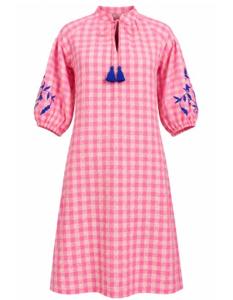 Pink Checked Tassel-Tie Midi Dress