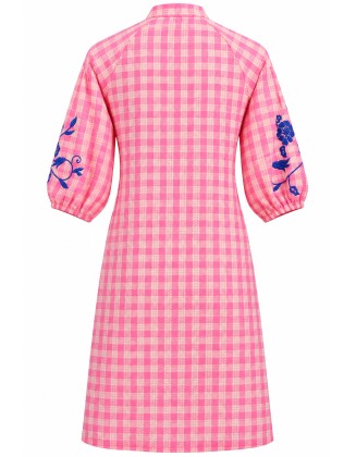Pink Checked Tassel-Tie Midi Dress