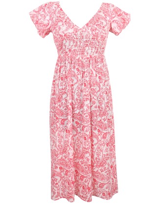 Red Paisley Print Smocked Dress