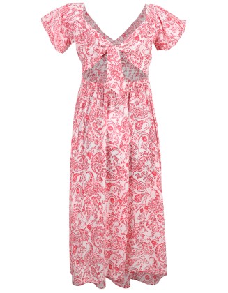 Red Paisley Print Smocked Dress