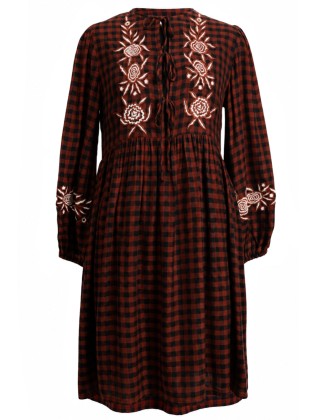 Gingham Embroidered Tie-Neck Midi Dress