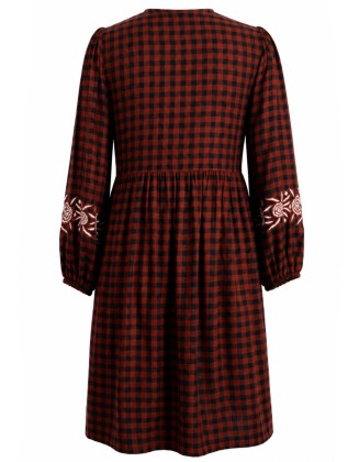Gingham Embroidered Tie-Neck Midi Dress