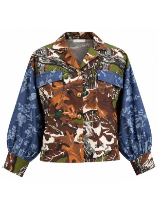 Abstract Camo Print Jacket with Floral Sleeves