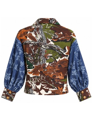 Abstract Camo Print Jacket with Floral Sleeves