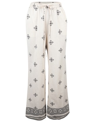 Beige Printed Wide-Leg Pants