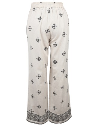 Beige Printed Wide-Leg Pants