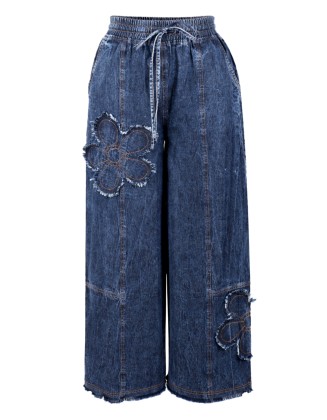Dark Wash Floral Appliqué Wide-Leg Denim Pants