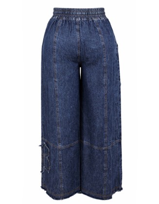 Dark Wash Floral Appliqué Wide-Leg Denim Pants
