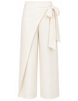 Ivory Wrap-Front Wide-Leg Pants with Tie Waist