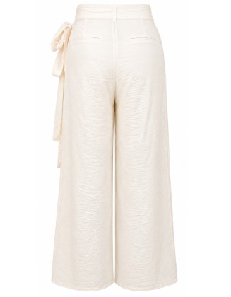 Ivory Wrap-Front Wide-Leg Pants with Tie Waist