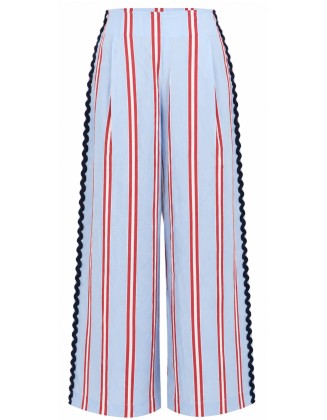 Striped Wide-Leg Pants with Scalloped Trim