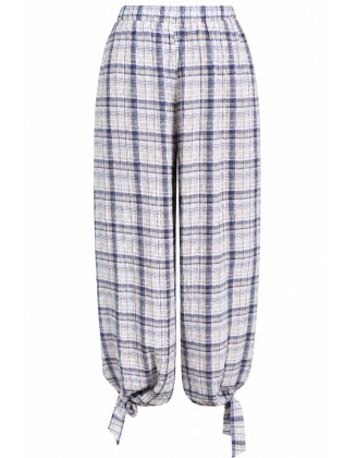 Blue & Beige Plaid Tie-Hem Wide-Leg Pants