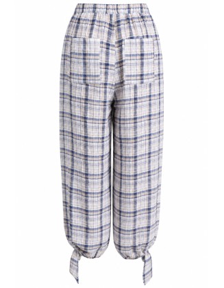 Blue & Beige Plaid Tie-Hem Wide-Leg Pants