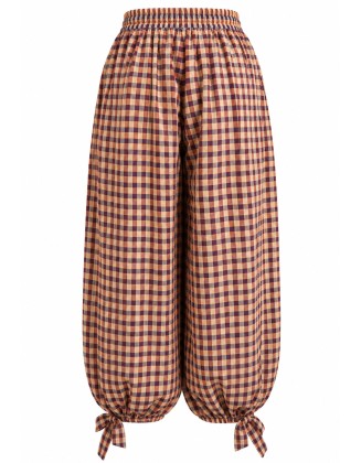 Rust & Navy Gingham Tie-Hem Wide-Leg Pants